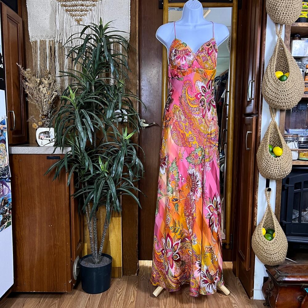 Vintage Mary L Couture Gown 4 Beaded Floral Paisley Y2K Formal Maxi Dress Pink